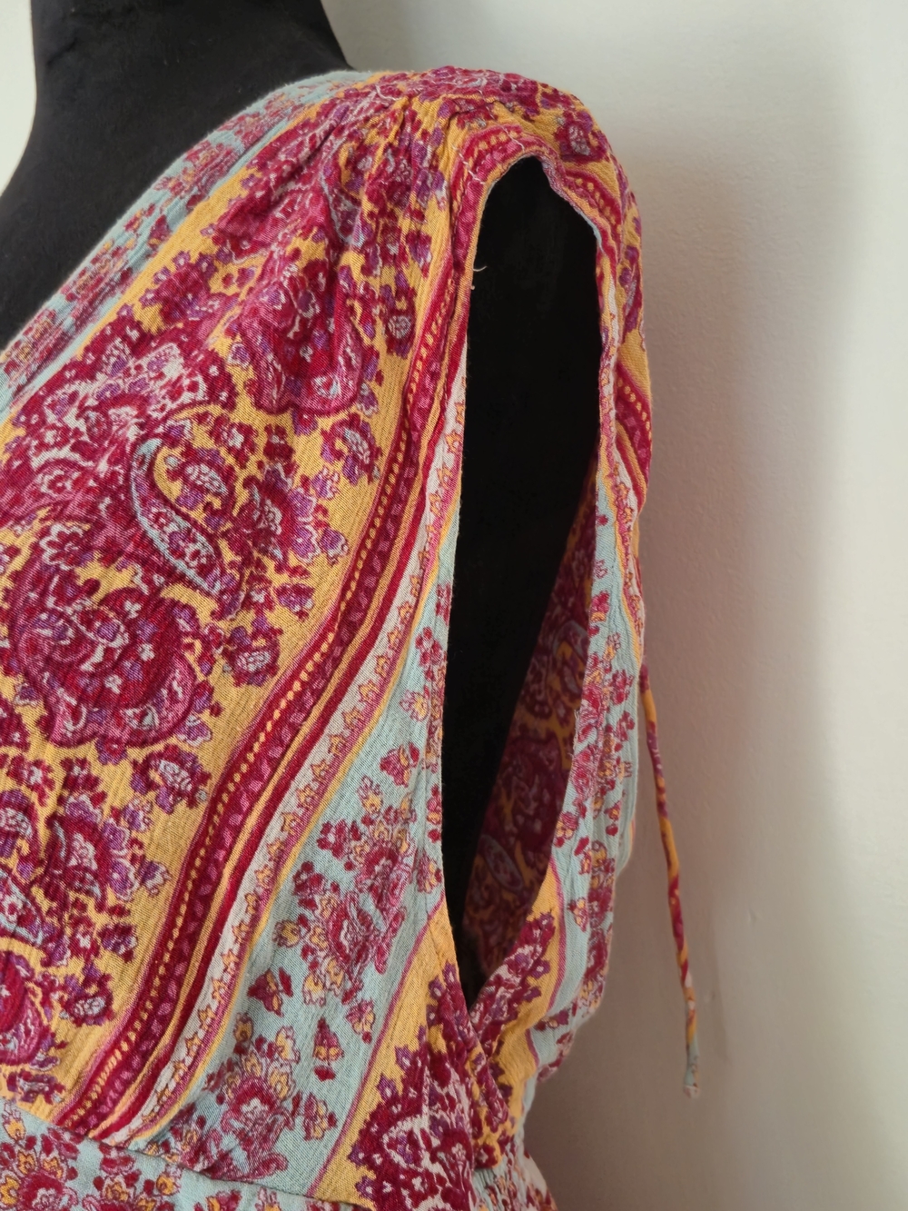 Boho Paisley Crinkle Maxi Dress Pink Yellow Casual Festival, Sun Dress - Picture 3 of 11